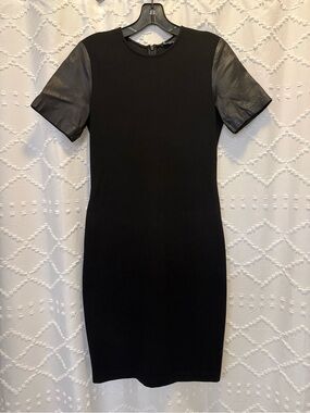Vince Black Sheath Dress with Real Leather Short Sleeves